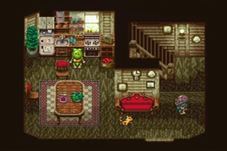 Screen shot of the ending sequence.  Chrono and the othe rhumans are replaceed by reptites and it replys the events at the beginning of the game.