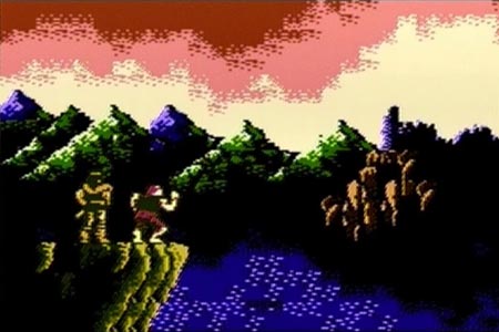 Grant and Trevor Belmont are shown on a cliff overlooking the crumbling castelvania castle at the end of Castelvania 3 Dracula's Curse.  Grant is throing his hands into the air as a sign of trump.