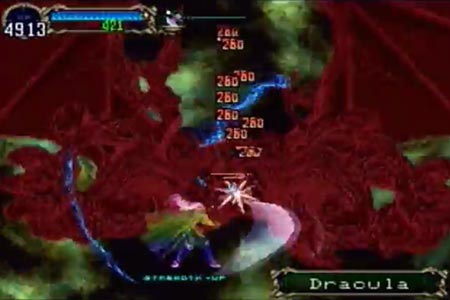 Screenshot showing Dracula getting mutliple hits inflicted with the double crissingram weilding Alucard.