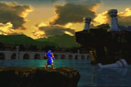 This is the ending scene of Castlevania Symphony of the night where Richter Belmont looks over the moat at the demolished Castle of Dracula.