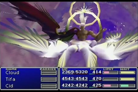 This screenshot shows the sephiroth safer final boss decending from the heavens at the beginning of the final battle.
