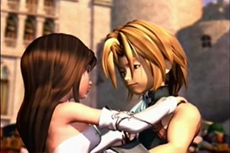 The ending of final fantasy 9 playing through.  This scene shows Zidane and Garnet hugging at the end in front of the theater crowd.  This was after he revealed he was still alive by tossing off his costume.