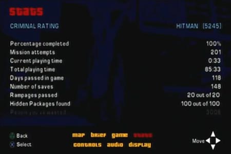 Post game statistics screenshot as it appears after the final mission.  You can see at the top of the scrollable items that the game is 100% completed.