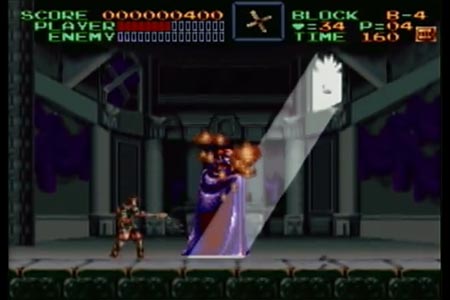 This shows the death blow to dracula in super castlevania 4.  Dracula is engulfed in flames as the boarded up window is cast open revealing the morning sun.