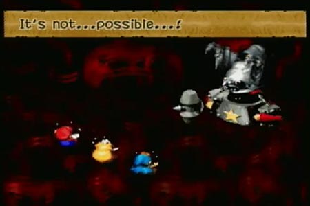 Smithy shouts,'It's Not Possibile', as part of his death speech once you land the final blow to win super mario RPG. My selected party of Mario, Princess, and Geno are still realing from the final sledge slam smithy does on the factory when he is defeated