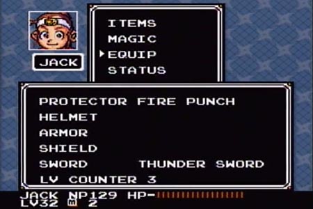 Super Ninja Boy equipment screenshot after beating robo Doc.  It shows the following manditory pieces of equipment: Fire Punch, Thunder Sword, and the Level 3 counter.  The helmet, armor and shield are empty.  At the bottom you can see where the last battle leveled my character up to 32.