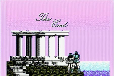 The ending screenshot from the Battle of Olympus.  It shows the hero with his arm around the heroine and they are standing beside a temple watching the sunrise.