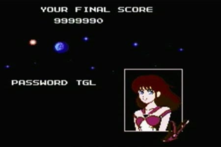 This is the final screen seen after beating the Guardian Legend.  You see a galaxy backdrop with a female character portrait in the lower right corner.  It shows my final score to be maxed at 9,999,990 and the bonus password of TGL.