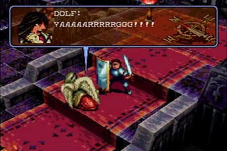 In this screenshot the hero has just delievere dthe final blow on the second form of dolf, the remaining enemy on the battlefield.  He is screaming in pain as Ash stares him down with his sword ready.