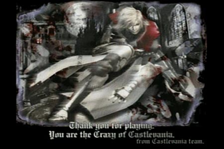 CastleVania Ending Screenshot.  It says, 'Thank you for playing. You are the Crazy of Castlevania'