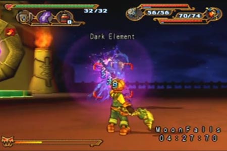 Dark Cloud Screenshot with Max Battling the Dark Element with the supernova gun.  You can see he has only 32 Hit Points.