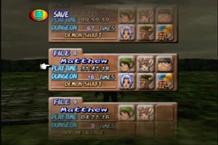 Dark Cloud Screenshot showing a save spot that has 16 dungeon trips recorded and the Demon Shaft as the current area.
