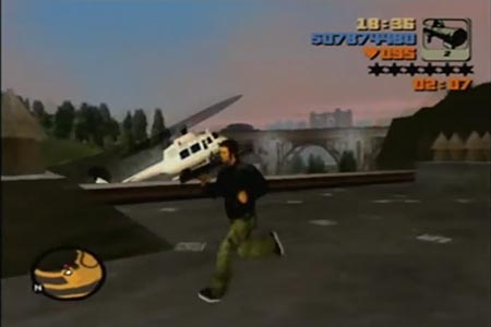 Grand Theft Auto Final Battle with catalina screenshot where your character is shooting down her helicopter with a rocket launcher on the dam.