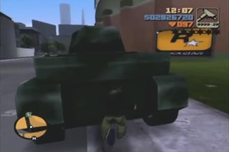 A still showing Claude pushing a tank up the street with his bare hands.