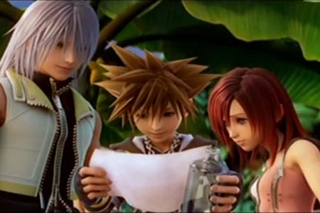Kingdom Hearts 2 ending scene.  Riku, Sora, and Kari are reading a message from king Mickey.