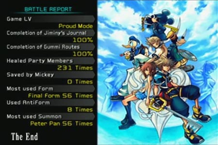Kingdom Hearts 2 ending screen showing 100 percent completion on proud mode which includes Jiminy's Journal and Gummi Routes.