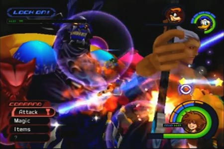 Sora battling the final form of Ansem on expert mode in Kingdom Hearts.