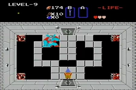 The legend of zelda screenshot showing a green link in Ganon's room holding up a triforce.  As you can see in this screenshot link has no sword and only three hearts of life.  This is the conclusion of my no sword, no rings, 3 hearts, walkthrough without loosing a single life or restarting the game in the first quest.