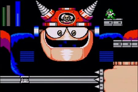 Mega man is seen standing upder the final wily battle involving the giant gamma bot.  With half of its life gone the mini head is replaced by the one whihc houses Dr. Wily in his bubble.