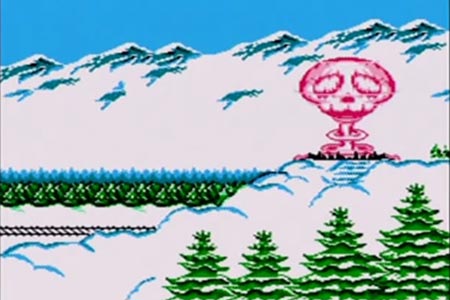 Mega Man 4 Ending Screenshot.  Dr. Wily;s castle has blown up after the final battle.