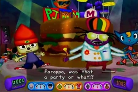 Screenshot of the burger performance stage where all of the masters are present with Parappa after the conclusion of the 'Final Party' concert stage.