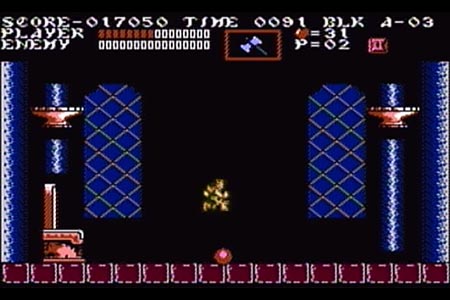 Dracula has just been vanqushed at the end of Castlevania 3 Dracula's Curse by Trevor only.  Trevor is seen leaping for the glowing orb in Dracula's throne room and you can see a vacant area at the top of the screen where your spirit partner normally appears.