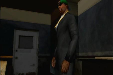 Grand Theft Auto San Andreas Ending screenshot.  Carl Johnson 'CJ' is getting ready to hit the block to see what is happening at the close of the ending scene.
