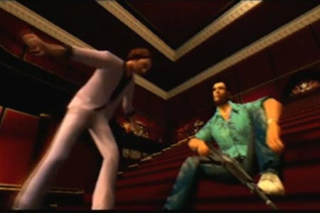 Grand Theft Auto Vice City Ending screenshot.  Tommy Vercetti is sitting on the landing of his house with Ken Rosenberg after killing sonny forelli in the last mission.