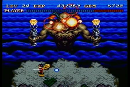 This screen shot shows death toll exploding after a fatal phoenix spell blow from the hero.  In this run of soul blazer I completed the game at the lowest level of 24, as seen at the top of the screen.  This is the lowest level you can have and still swing the soul blade which is required to cast the phoenix spell.